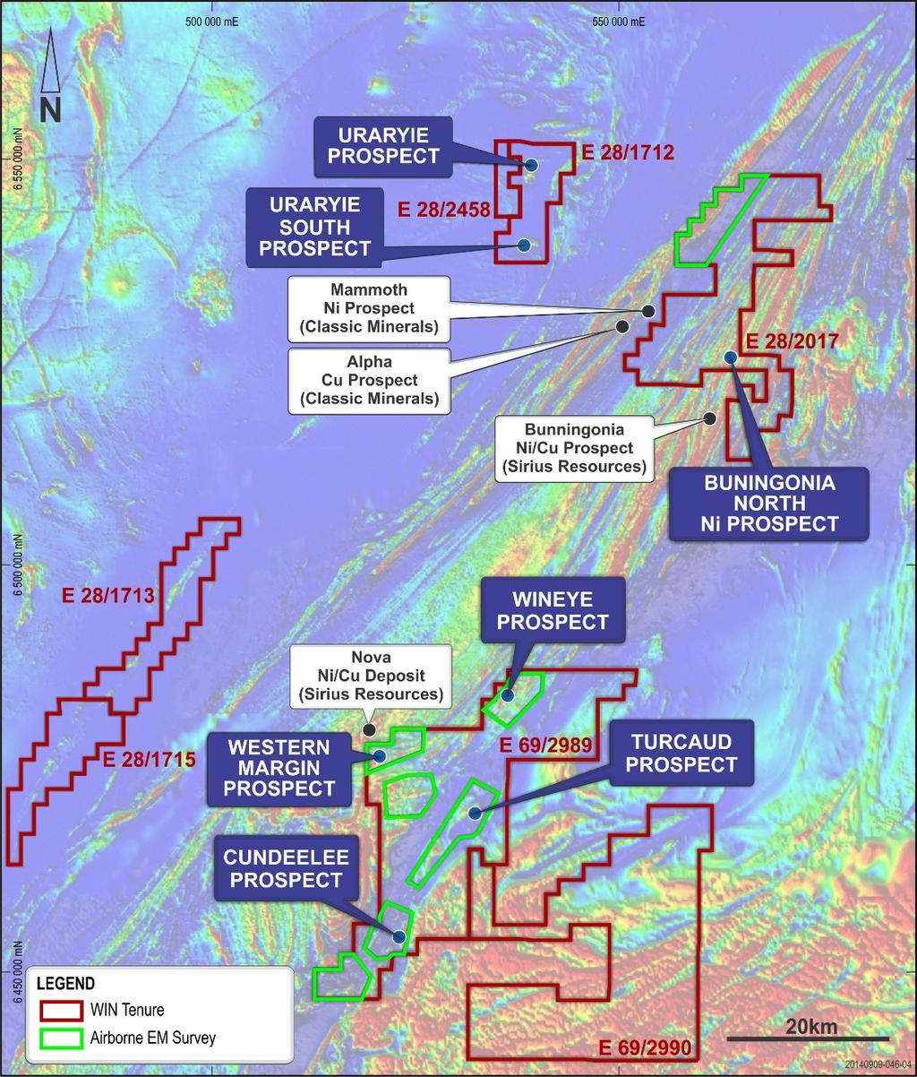 Fraser Range North Project 1,900km 2 of tenements within the Nova Ni-Cu belt and the Tropicana gold belt E69/2989 contiguous with Sirius Nova Ni/Cu deposit (2km from Nova) contains WMA1 (Western