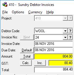The invoice entry is now complete. The Amount will show the total of the line items, the GST will calculate, and the invoice total (incl. GST) will display.