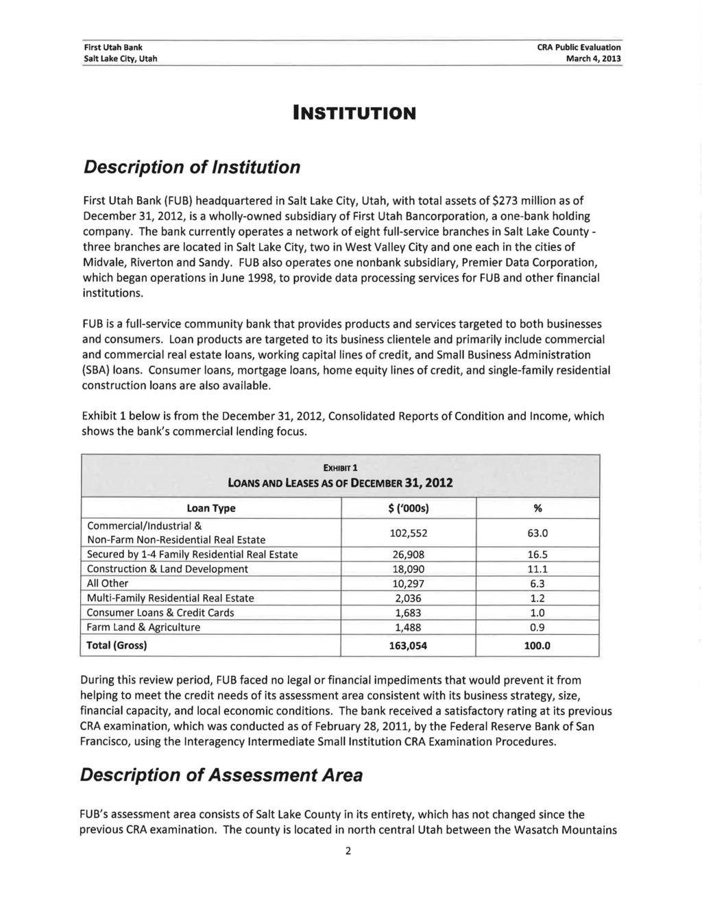 INSTITUTION Description of Institution First Utah Bank (FUB) headquartered in, with total assets of $273 million as of December 31, 2012, is a wholly-owned subsidiary of First Utah Bancorporation, a
