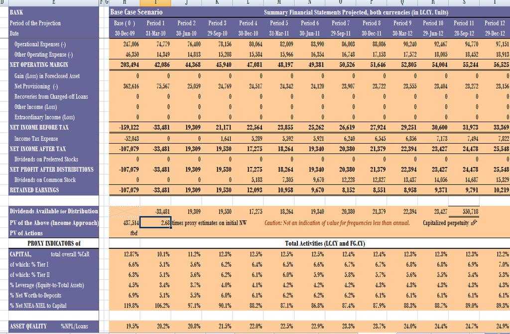 FPM Details: Summary of Results [Summary] sheet shows resulting figures in both currencies, as % of total assets, % growth, and % of internal structures [Projected BS]