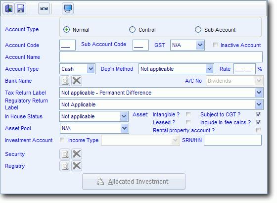 Chart of Accounts Taxation/Allocations 480-499 Investments 700-799 Liabilities 800-899 Suspense 999 Accounts can be further customised into Normal, Control or Sub Accounts depending on how you want
