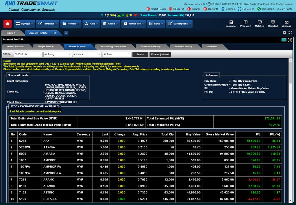 NAVIGATING PORTFOLIO Detailed information of your Trading Account and trading activities can be found on these separate tabs when you click on Account Portfolio Filtering options to list stocks in