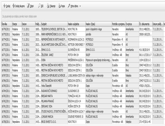Slika 5.9: Seznam odhodne pošte v dokumentnem sistemu EPP Vir: Zaslonska slika dokumentnega sistema, 2011.