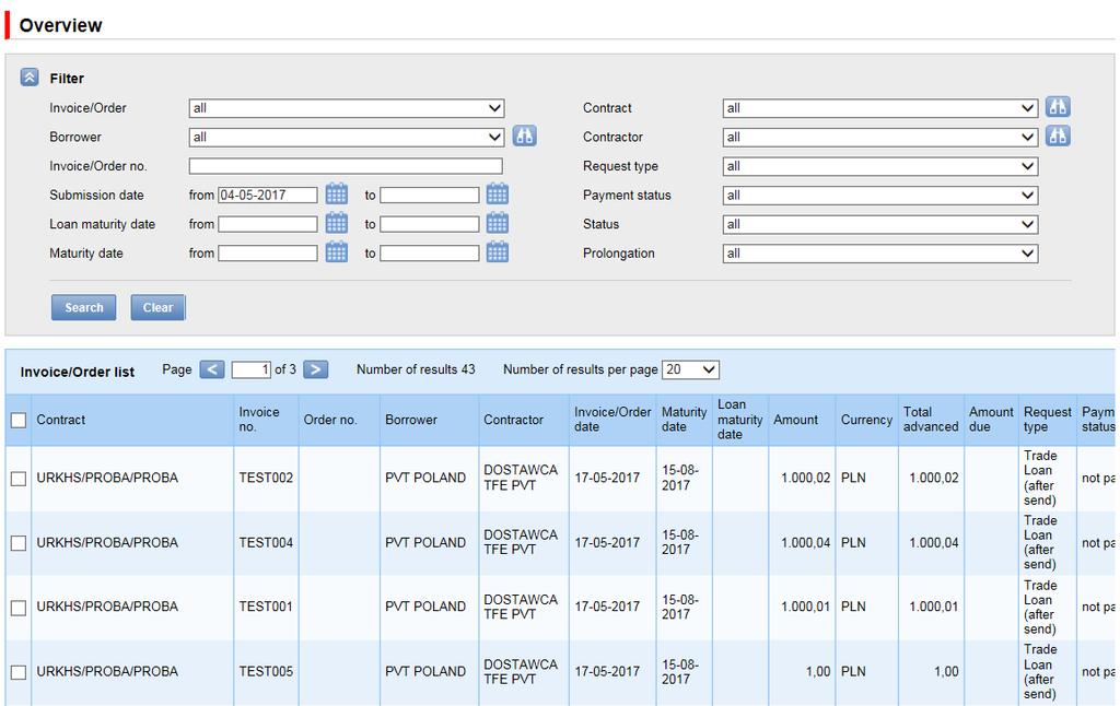 8. Trade Loan invoices/orders status preview.