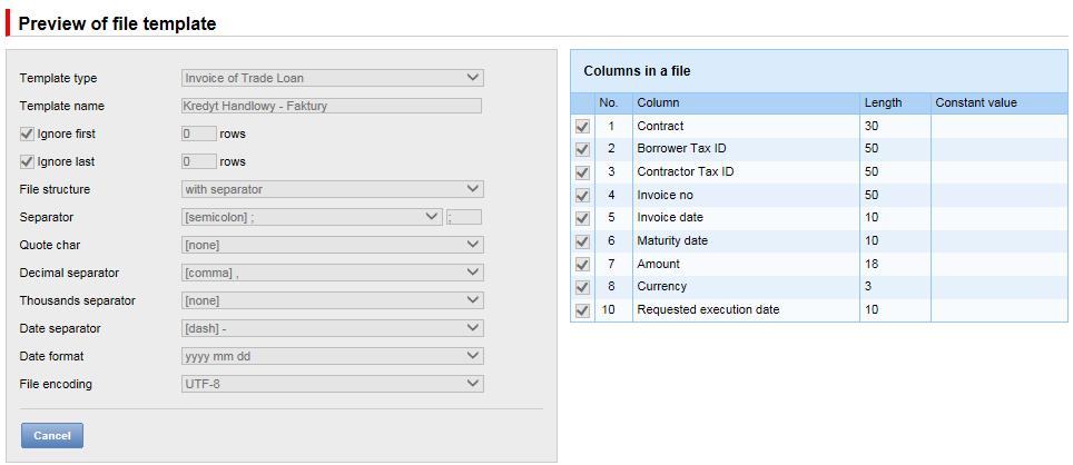 Description of import templates existing in the system.