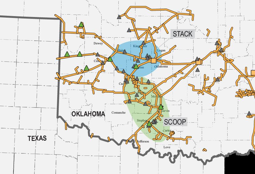 STACK AND SCOOP PLAYS NATURAL GAS PIPELINES PROVIDING CONNECTIVITY Connected to 34 natural gas processing plants in Oklahoma with a total capacity of 1.