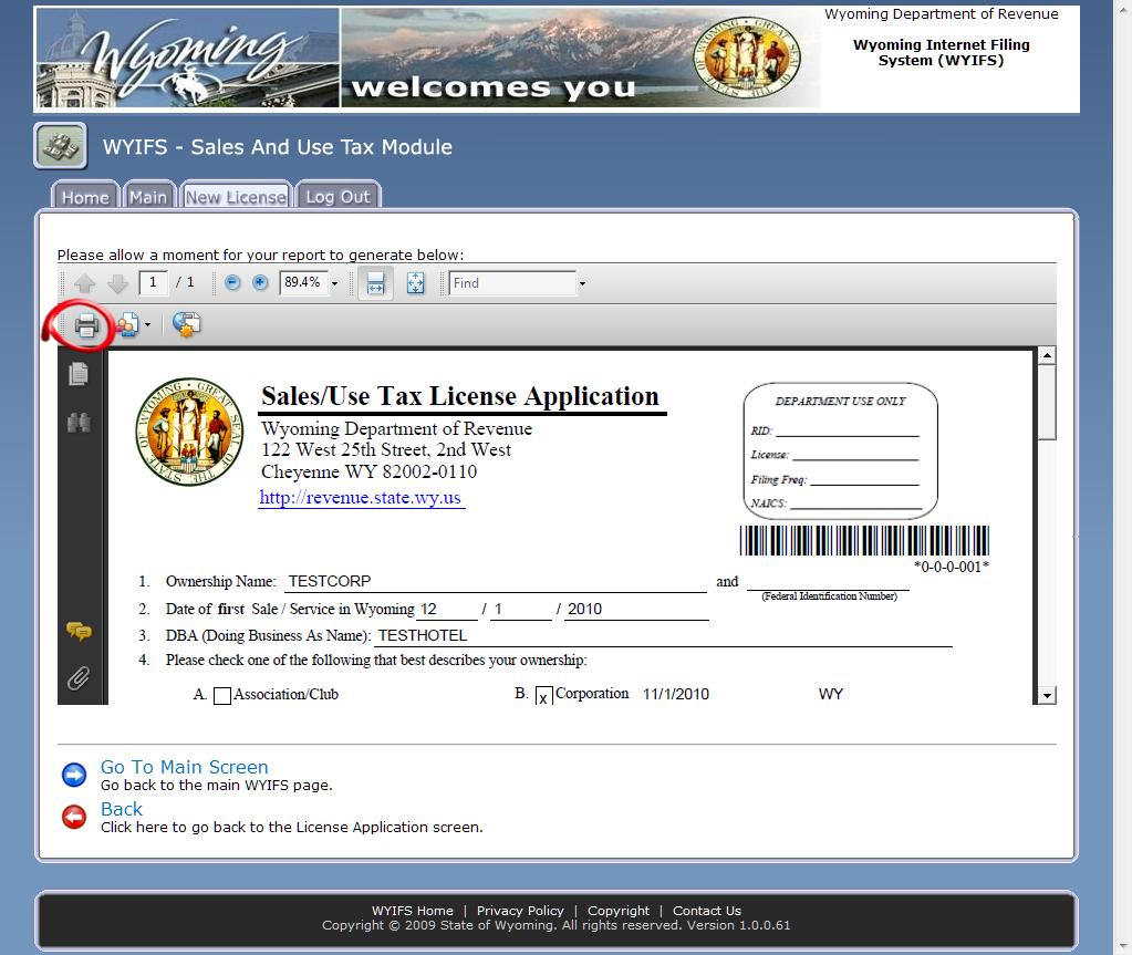3.1.14. If, on Page 3 of the license application (figure 3.1.4), you clicked on the Print And Mail It link, a screen opens displaying a printable copy of your completed license application (see figure 3.