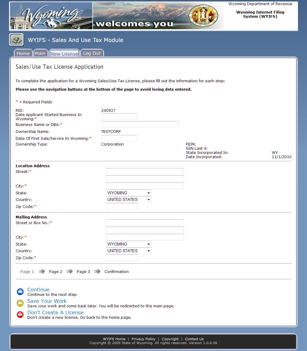 3.1.4. The Sales/Use Tax License Application opens (see figure 3.1.2). Figure 3.1.2 3.1.5. This is the first page of the new license application wizard. 3.1.6.