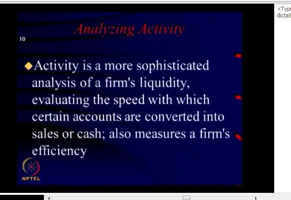 The next ratio is the activity ratio the activity ratio is what to do more with the efficiency with which assets are being used.
