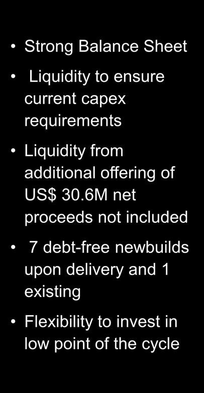 6M net proceeds not included 150 100 106,3 99,2 130 7 debt-free newbuilds upon delivery and 1 existing Flexibility to invest in low point of the cycle 50 0 39,9 2012 2013 2014 TOTAL CAPEX Source: