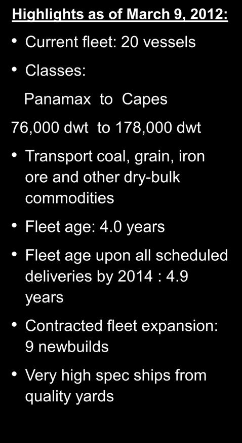 5 Highlights as of March 9, 2012: Current fleet: 20 vessels 5 Panamax 3 Kamsarmax 10 Post Panamax 2 Capesize Classes: Panamax to Capes Newbuilds 76,000 dwt to 178,000 dwt Transport coal, grain, iron