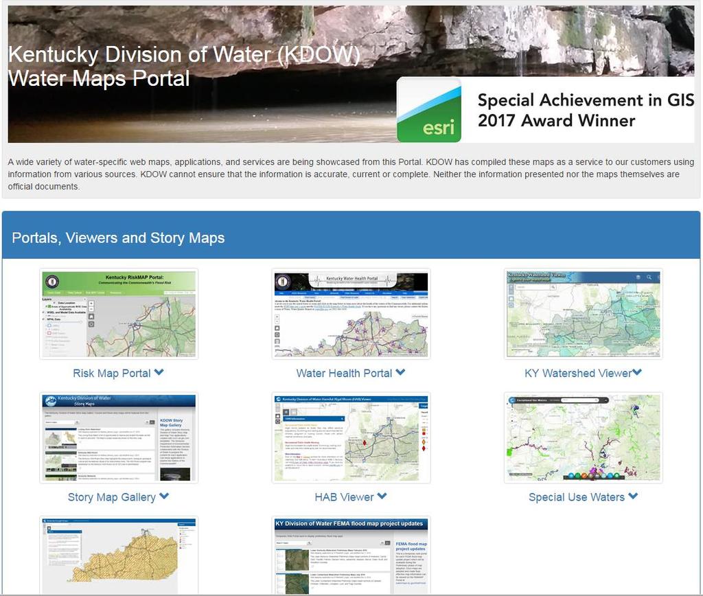 KDOW Watermaps Risk MAP Portal Water Health Portal KY Watershed Viewer KDOW Story Map Gallery HAB