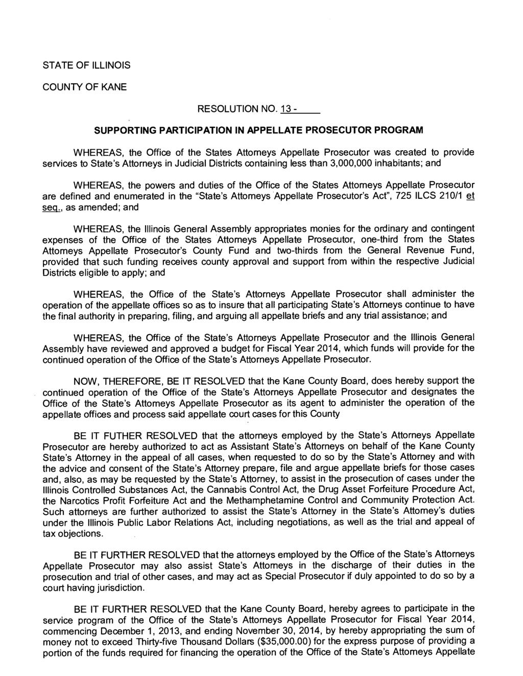 STATE OF ILLINOIS COUNTY OF KANE RESOLUTION NO.