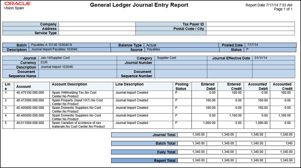 Chapter 1 General Ledger The following figure shows an example of the General Ledger Journal Entry Report.
