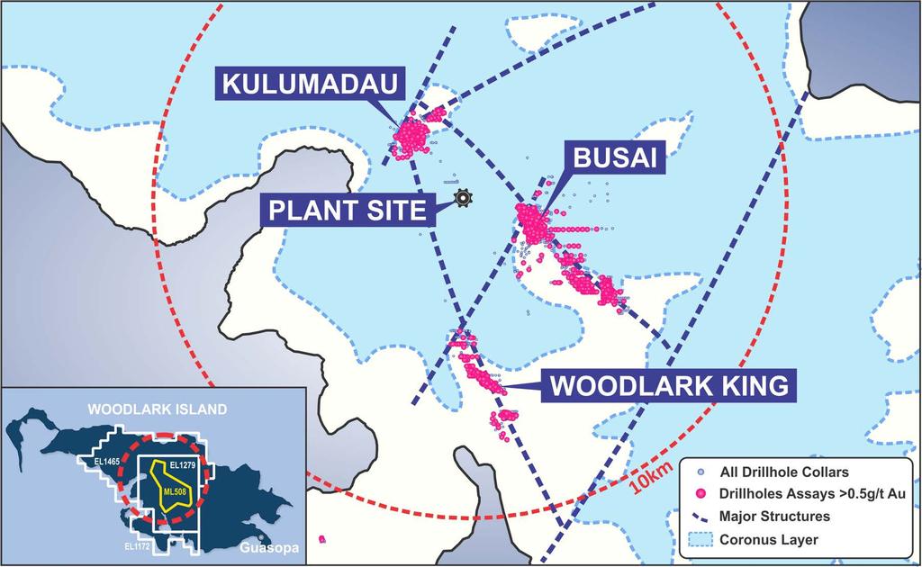 Potential for repetition and extension Most drilling at Woodlark has encountered gold in over 295kms of drilling Pink dots show the holes which encountered gold over 0.