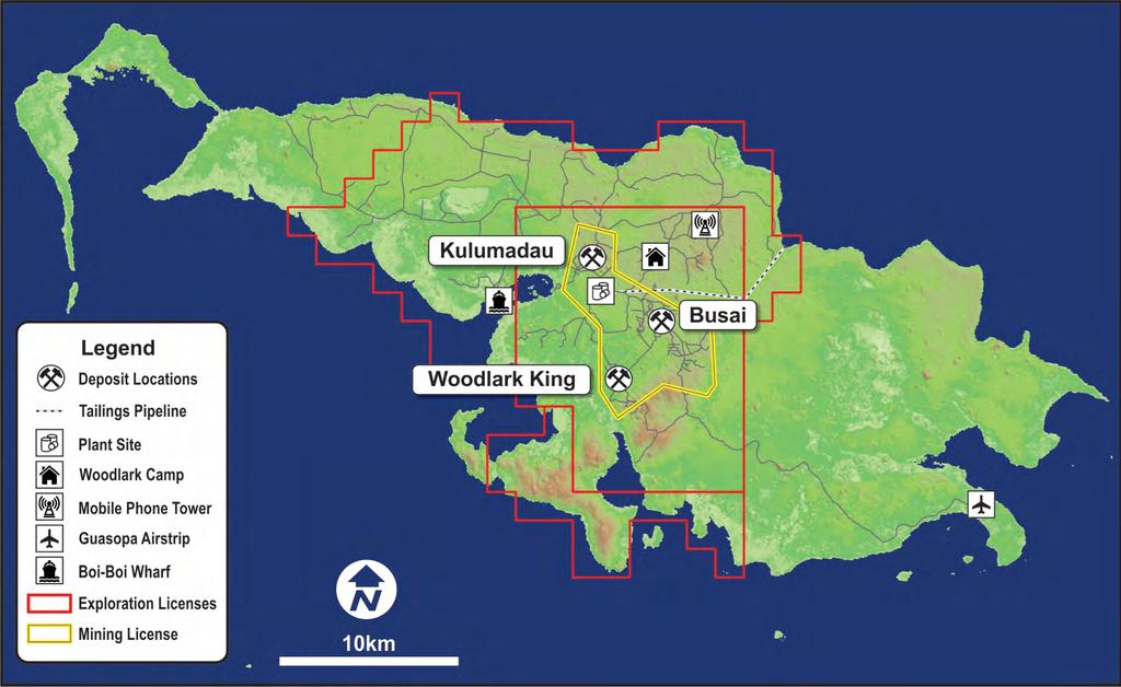 Woodlark Island 70km long 25km wide 580 km 2 exploration license 60 km 2 mining lease, with environmental approval 295 km of drilling