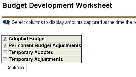 Verify that Adopted Budget and Permanent Budget Adjustments are selected This next screen is where you can enter the FOPA elements you wish to include.