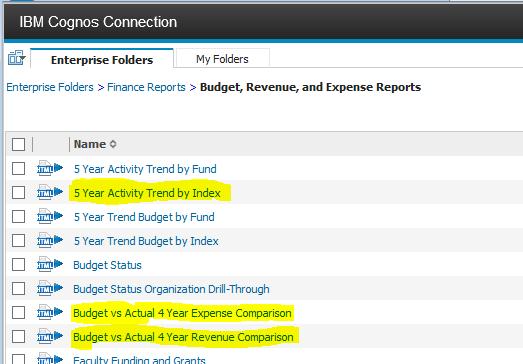 Checking Budget Data for Reasonability There are several reports in Enterprise Reports > Finance Reports >