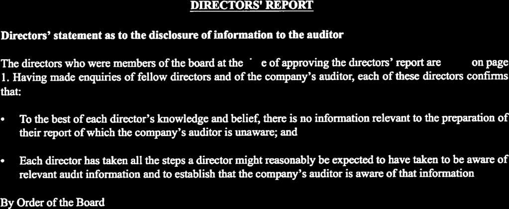 DIRECTORS REPORT Directors statement as to the disclosure of information to the auditor The directors who were members of the board at the time