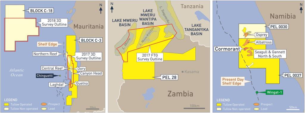 AFRICA: HIGH-IMPACT LEADS AND PROSPECTS Namibia: material oil play in low-cost shallow water setting; drilling of Cormorant prospect in 2H 2018 Mauritania: low-cost shelf-edge oil plays, 3D seismic