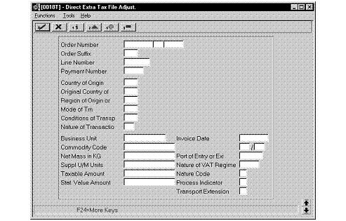 Revising the Intrastat Workfile Figure 19 2 Direct Extra Tax File Adjustment screen 1.