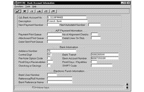 Entering Bank Account Information for Your Company Figure 23 1 Bank Account Information screen 1.