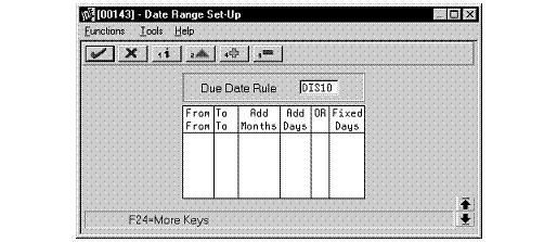 Setting Up Due Date Rules Figure 24 2 Date Range Set-Up screen 5. On Date Range Setup, complete the following fields: From Day Range To Day Range 6.