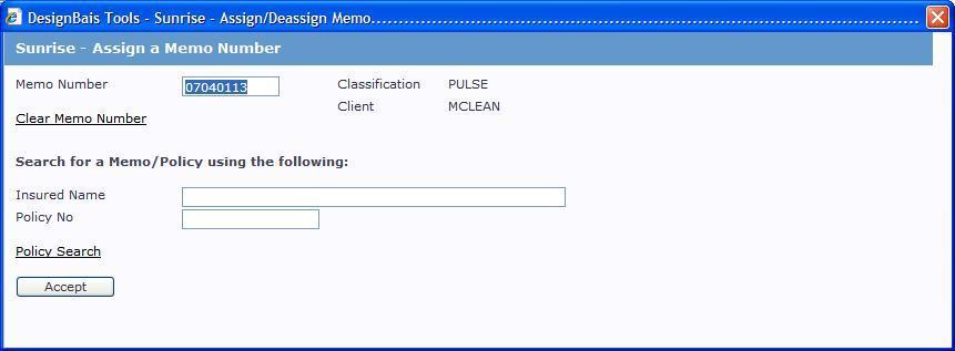 This calls a screen as shown below which enables you to look up the Memo Number if required, or input