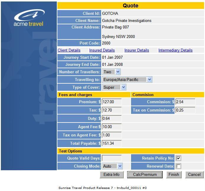 A Sunrise browser screen will appear with the relevant Insurer product displayed (similar to the example shown below).