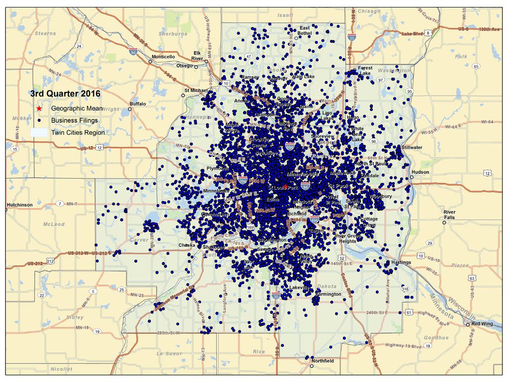 Business Filings The first map shown below is a visual representation of new business formation around the Twin Cities planning area in the third quarter of.