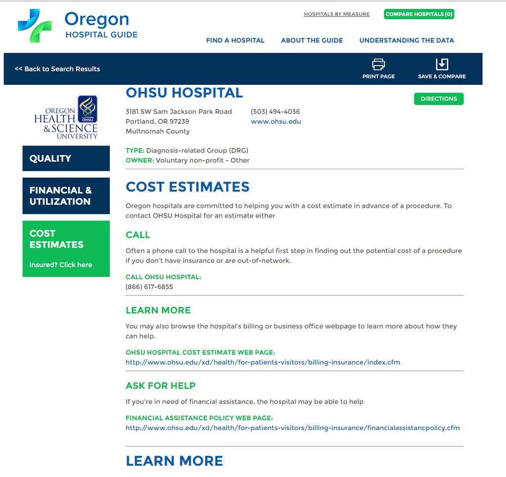 OregonHospitalGuide.org Simple site -- searchable by zip code or hospital.