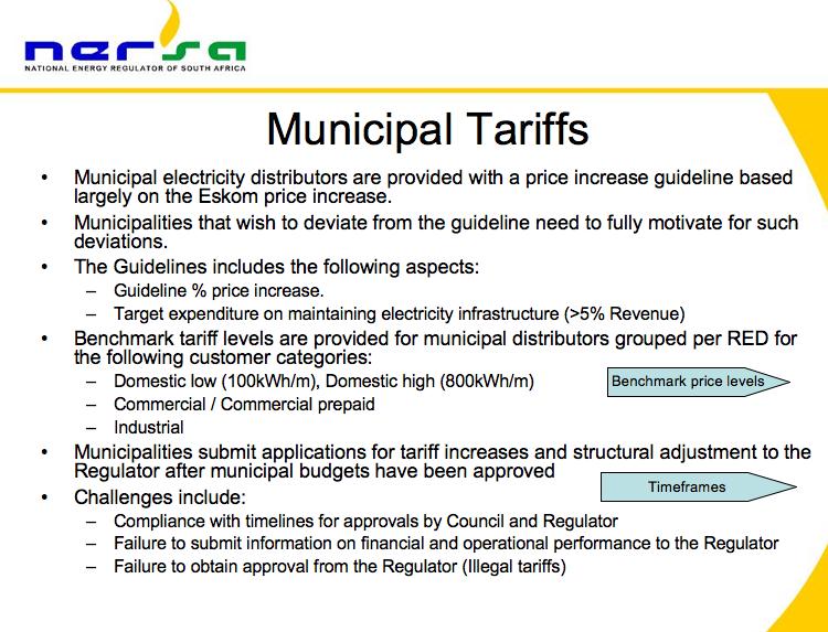Data on municipal electricity provision The availability of information on municipal electricity tariffs, including consumption, revenue and cost data is very poor.