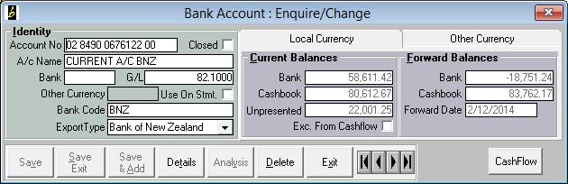Bank Accounts Livestock Office main menu > Cashbook > Bank