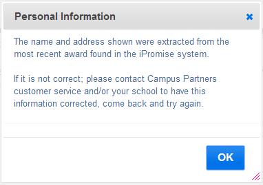 If the Borrower selects This is not my information from the Borrower/Student Identity Verification page, then a pop-up box (illustrated below) will be displayed.