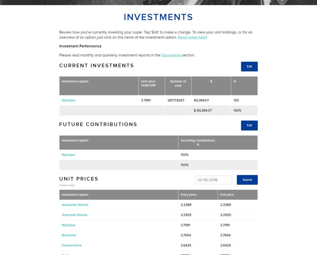 Investments Detailed summary You can now edit your investments easily, indicating how your current account is invested and your future contributions.
