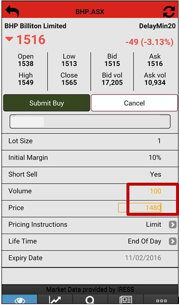 Step 2 Key in the Volume and Limit Price.