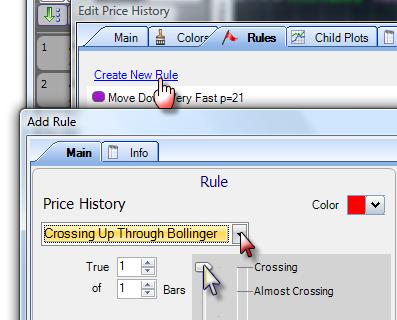 By creating a Combo Rule 1. Press the / key and type bb then hit enter. 2. In the Add Bollinger Bands to dialog box, double click on Price History to add the bands to price. 3.