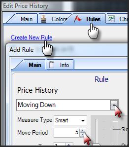 If you create a Rule for price moving up then for price moving down and combine them into a Sequence Rule you can scan for stocks passing the rules in sequence. 1.