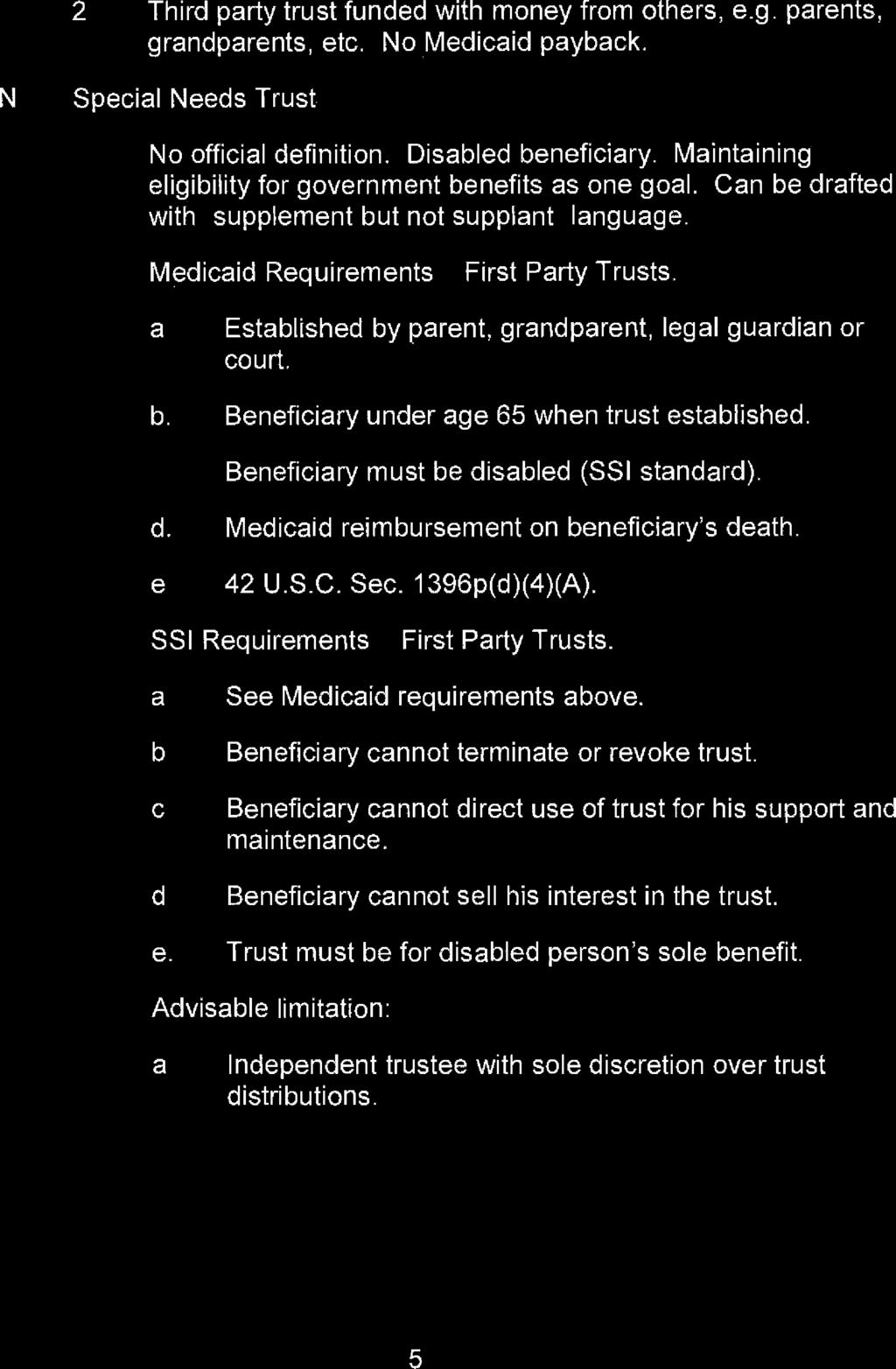 2. Third party trust funded with money from others, e.g. parents, grandparents, etc. No Medicaid payback. Special Needs Trust 1. No official definition. Disabled beneficiary.