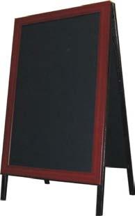 Sandwich Board Specifications: 1. 24 inch wide by 40 inches tall 2. Hard wood A Frame sidewalk board 3. Deep brown color stain 4. Dual tempered masonite with chalk board coating. 5.