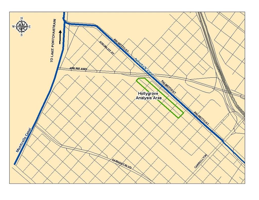 Figure 1: Hollygrove Neighborhood and Analysis Area pumping stations to remove rainfall and prevent and remove floodwaters.