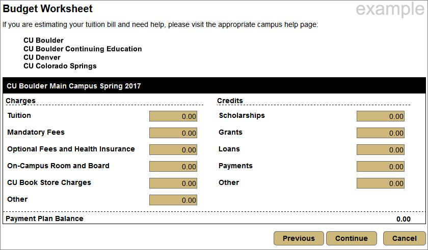 Step 4: If the semester has started, the Budget Worksheet will be filled in and is not editable, however you can still enter estimated Credits