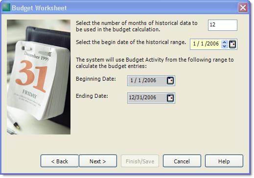 This step is where you tell the system to look at your old annual budget for information to be pulled into the new monthly budget. You would choose 12 months for the budget period.