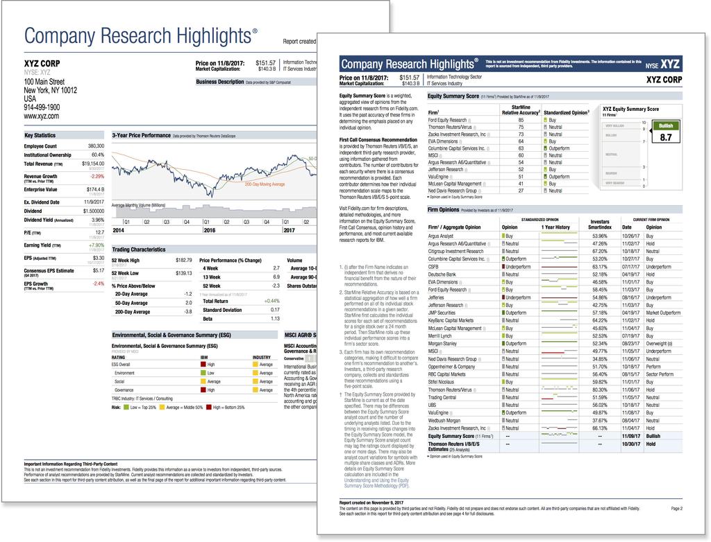 Using the Equity Summary Score 5. Symbol specific Company Research Highlights Report The Company Research Highlights Report is a printable aggregation of various pieces of third party content.