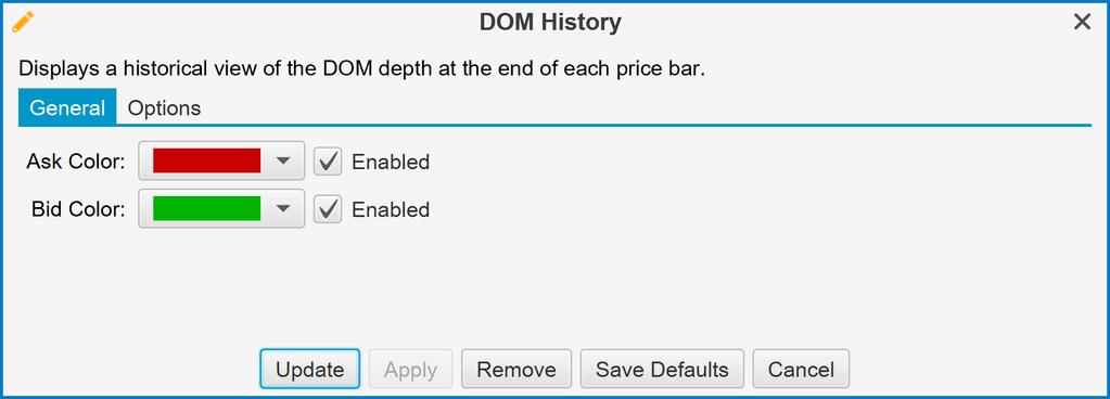 8.1 DOM History Graphically displays historical Depth of Market sizes captured at the end of the bar (since version 5.4). Blocks are shaded according to their relative size.