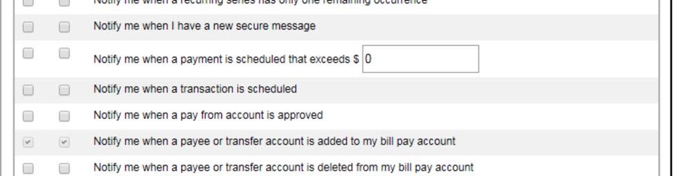 Bill Pay Alerts A subscriber can monitor activity and preemptively detect