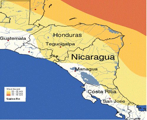 Fig. 6: Wind hazard in Honduras Source: Swiss Re in Freeman et al.