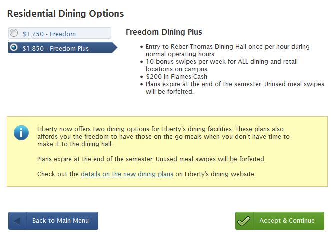 The Freedom Dining Plan: $1,890 Entry to the Reber-Thomas Dining Hall once per hour during normal