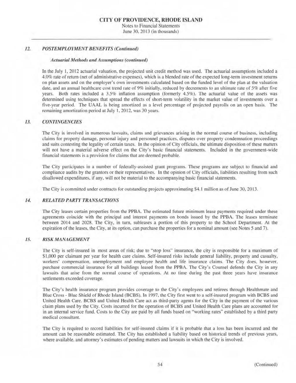 CITY OF PROVIDENCE, RHODE ISLAND Notes to Financial Statements June 30, 2013 (in thousands) 12.