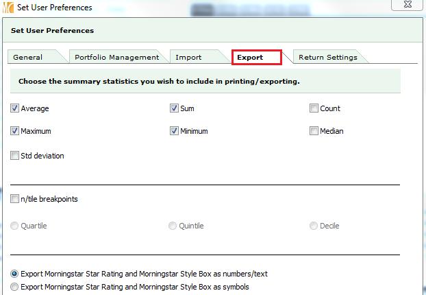 5. Go to the Export tab to customize the summary statistics settings applicable to exporting data from Morningstar Direct to Microsoft Excel.